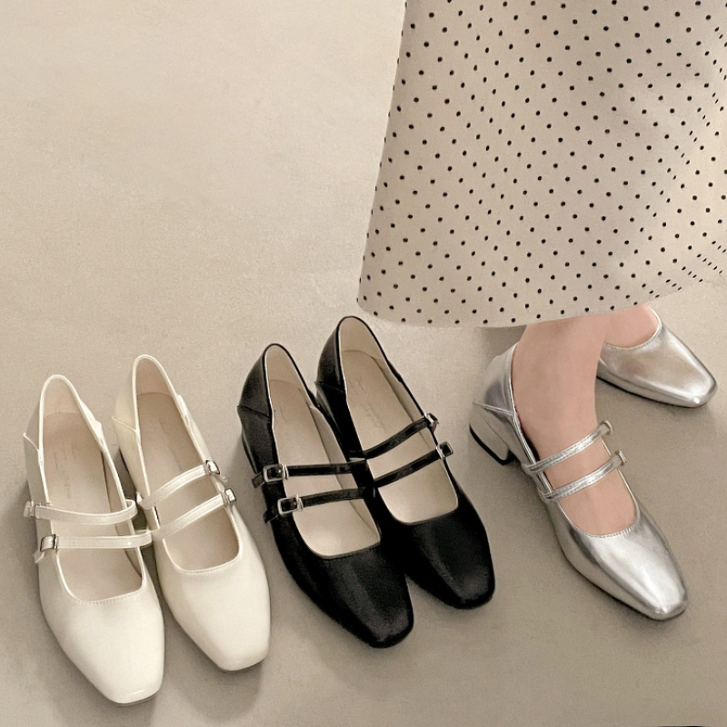 Leather Classic Strap - Square Toe Low Heel Women Silvery